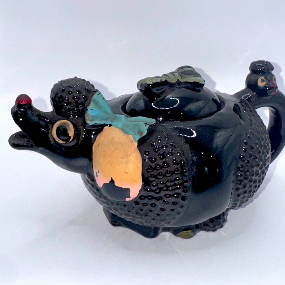 Vintage Redware Teapot Kettle Black Poodle Japan 1940’s Dog Face Handle